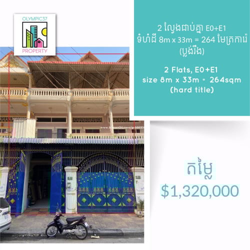 ផ្ទះ 2 ល្វែងជាប់គ្នា (E0+E1) សម្រាប់លក់ ក្បែរផ្សារ និងស្តាតអូរឡាំពិក