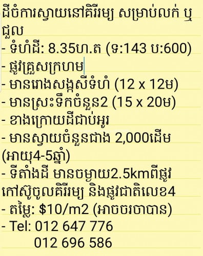 ដីចំការស្វាយនៅគិរីរម្យ សម្រាប់លក់ ឬជួល