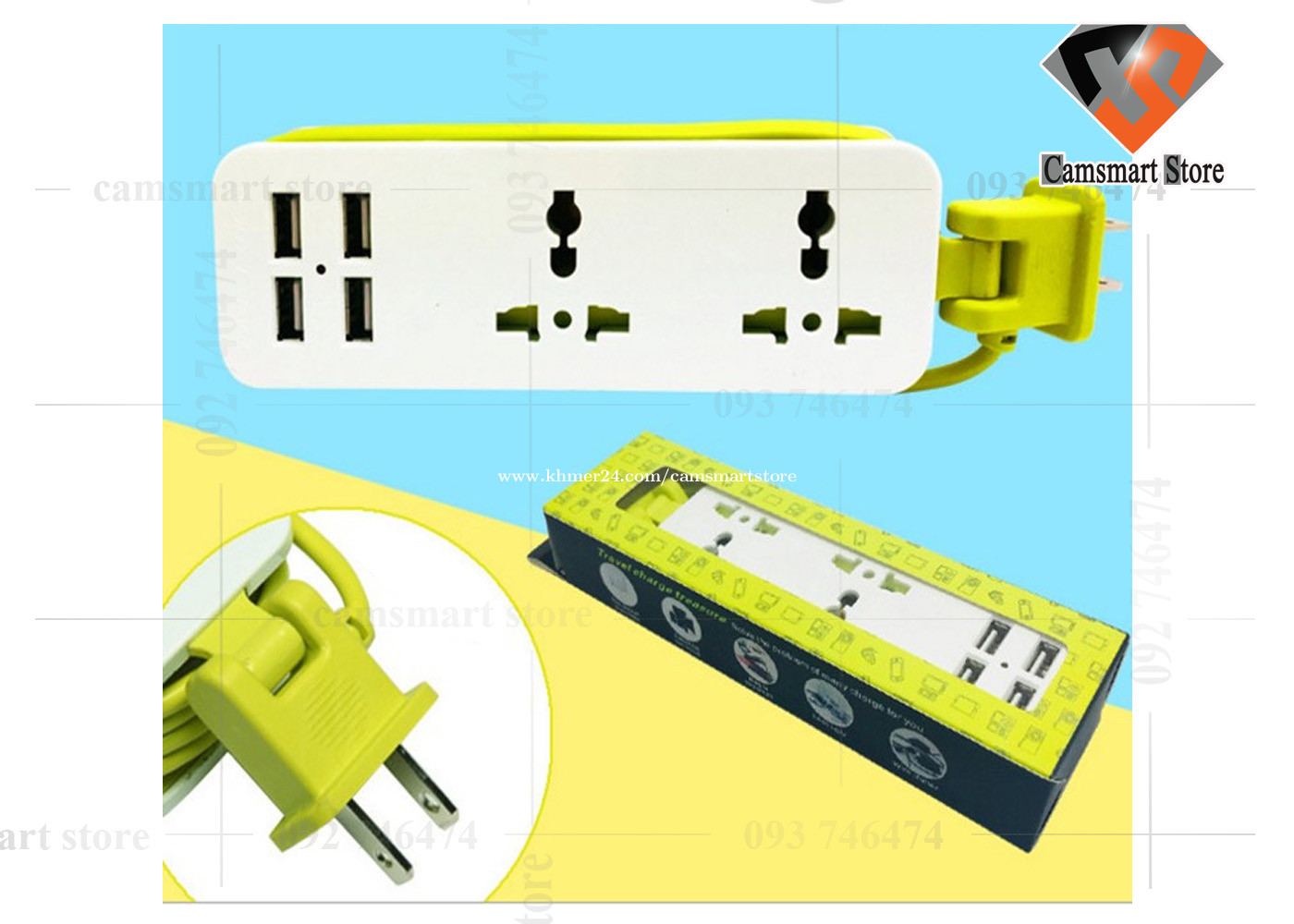 Power Strip Travel Power Socket Outlet 2 Sockets US Plug with 4 USB 5V