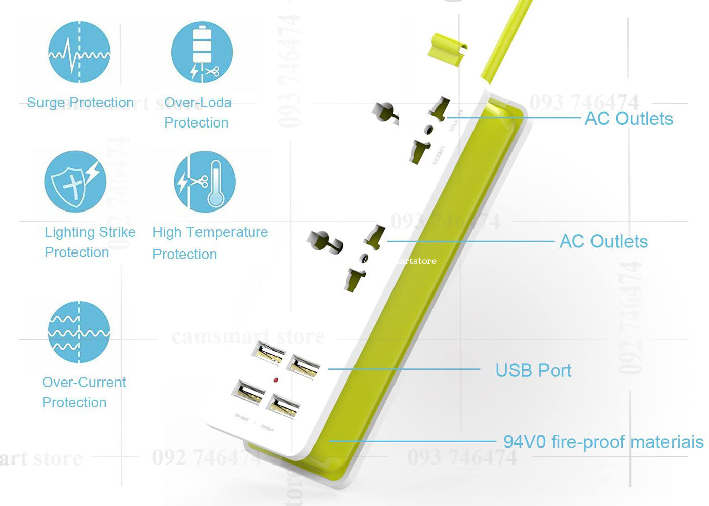 Power Strip Travel Power Socket Outlet 2 Sockets US Plug with 4 USB 5V