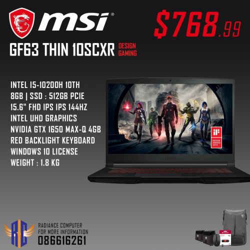 MSI GF63 Thin 10SCXR-1212KH/010KH Gaming & Design 8GB | 512GB | GTX 1650 2GB 15inch 144Hz