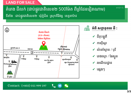 ✔ Land for Sale (ដីលក់) ផ្លូវជាតិលេខ២ ជិតព្រំដែនវៀតណាម ភ្នំដិន តាកែវ