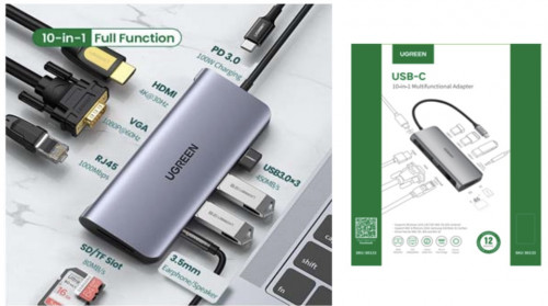 UGREEN USB-C to HDMI + VGA + RJ45 Gigabit+ 3USB 3.0+ SD/TF + 3.5mm Audio + PD
