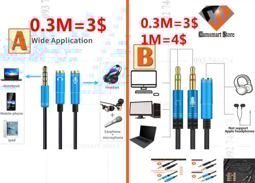 3.5mm Microphone Aux Cable 1 Male 2 Famle Cable Combo Extension Mobile Audio
