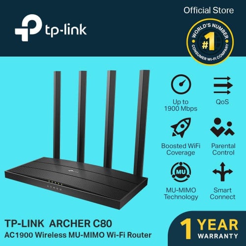 TP-Link Archer C80 Full gigabit ports speed up to 1900mbps with 3 Year warranty.