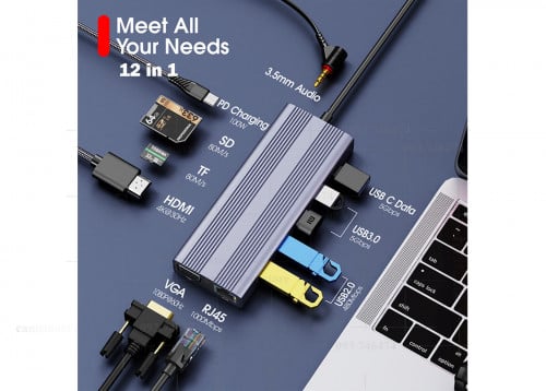 12 in 1 Type C USB Hub to Gigabit Ethernet With 100W PD Charging Docking Station