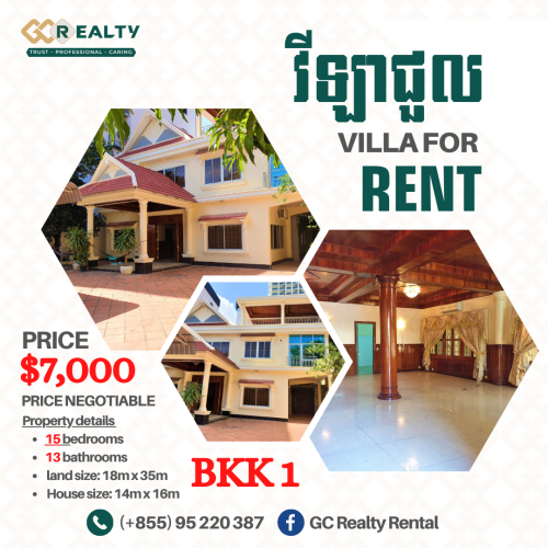 15 Bedrooms VILLA for RENT and also Available for SALE is located in the CBD of BKK 1 Phnom Penh!!! 