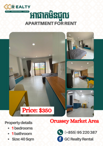 Studio apartment unit for rent, closed to Orussey Market area