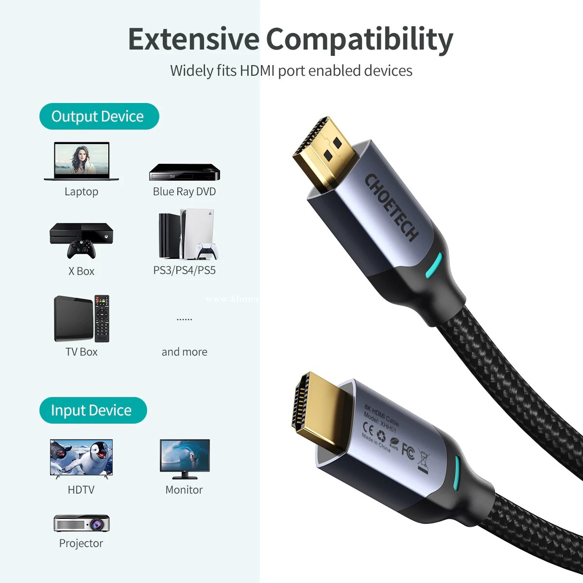 CHOETECH - 8K/60Hz HDMI Cable 165hz Refresh Rate HDR Dynamic (Model :  XHH01) price $12.00 in Phnom Penh, Cambodia - D-Store Phone Shop