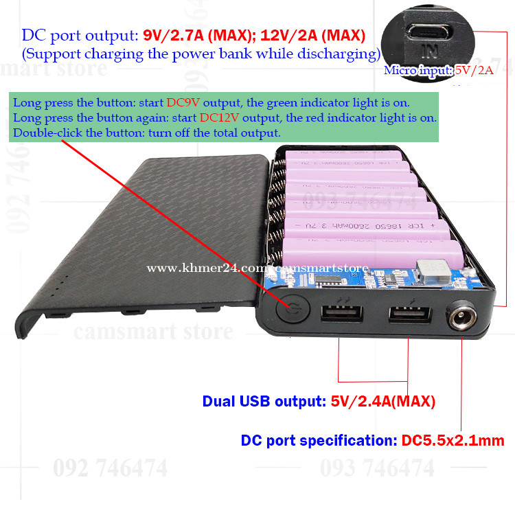 9V/12V DC Output Dual USB Output 7x18650 Battery Case Power Bank