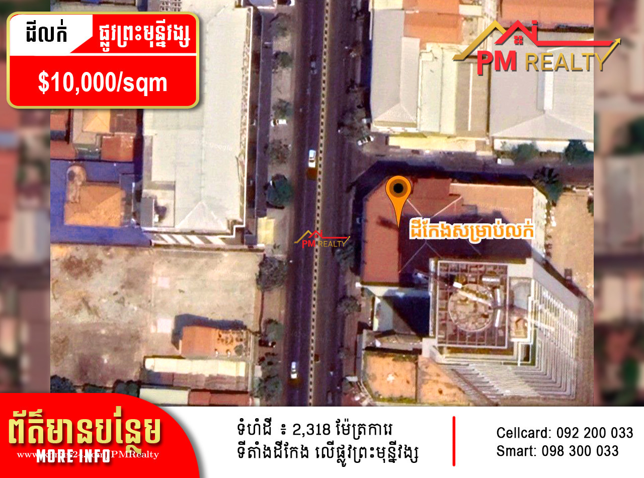 ដីកែងសម្រាប់លក់ នៅមហាវិថីព្រះមុនីវង្ស (Corner Land for sale on Monivong