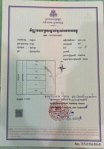 ដីលក់បន្ទាន់ ក្រុងតាខ្មៅ សង្កាត់ព្រែកហូរ 450$/ការ៉េ 19m x 60m (1131ម៉ែត្រការ៉េ)