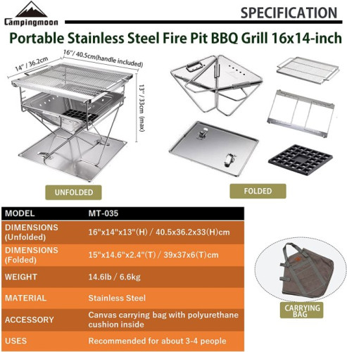 Campingmoon MT-035 Stainless Steel Camping Barbecue Grill Charcoal Folding Stove Height Adjustable