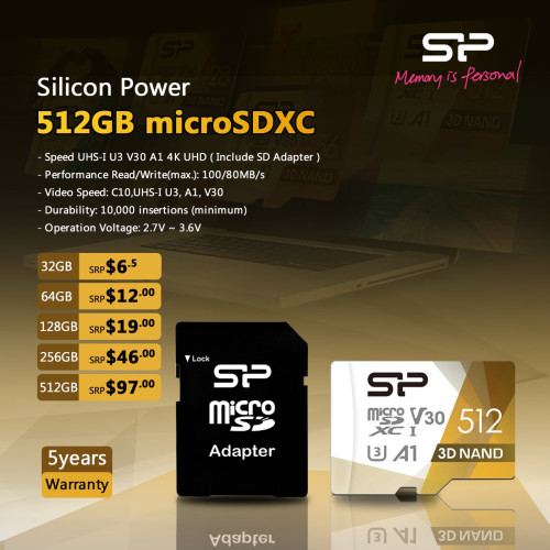 Silicon Power 512GB microSDXC UHSI card Price 1.00 in Phnom Penh
