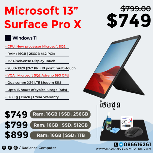 Microsoft 13" Surface Pro X / New Processor Microsoft SQ2 in Phnom Penh