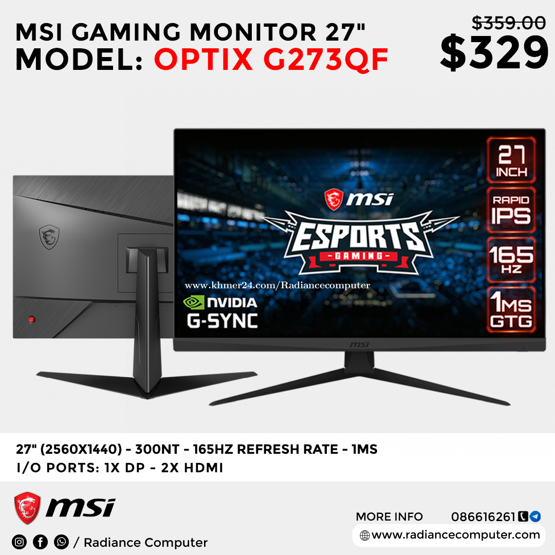 MSI Optix G273QF 27inch 2K 165hz 300NT Price 329 in Phnom Penh