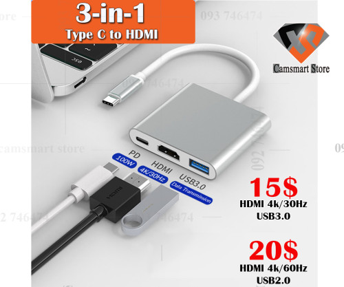 USB Type C to HDMI 4K Adapter, 3-in-1 USB 3.1 Type C 4K HDMI Digital AV Adapter Charging 