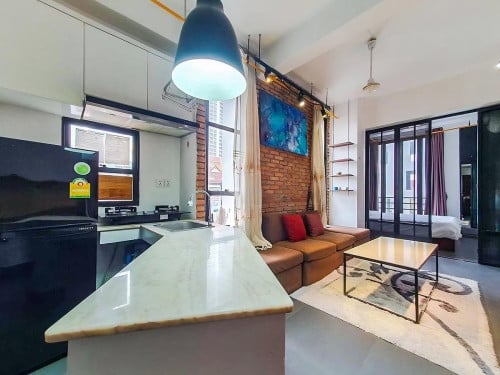 The loft style 1 bedroom apartment for rent, located in Tonle Bassac area