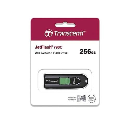 USB Flash Drive 256GB TS256GJF790C Pen Drive, Capless, Black Transcend 3.2 originalh