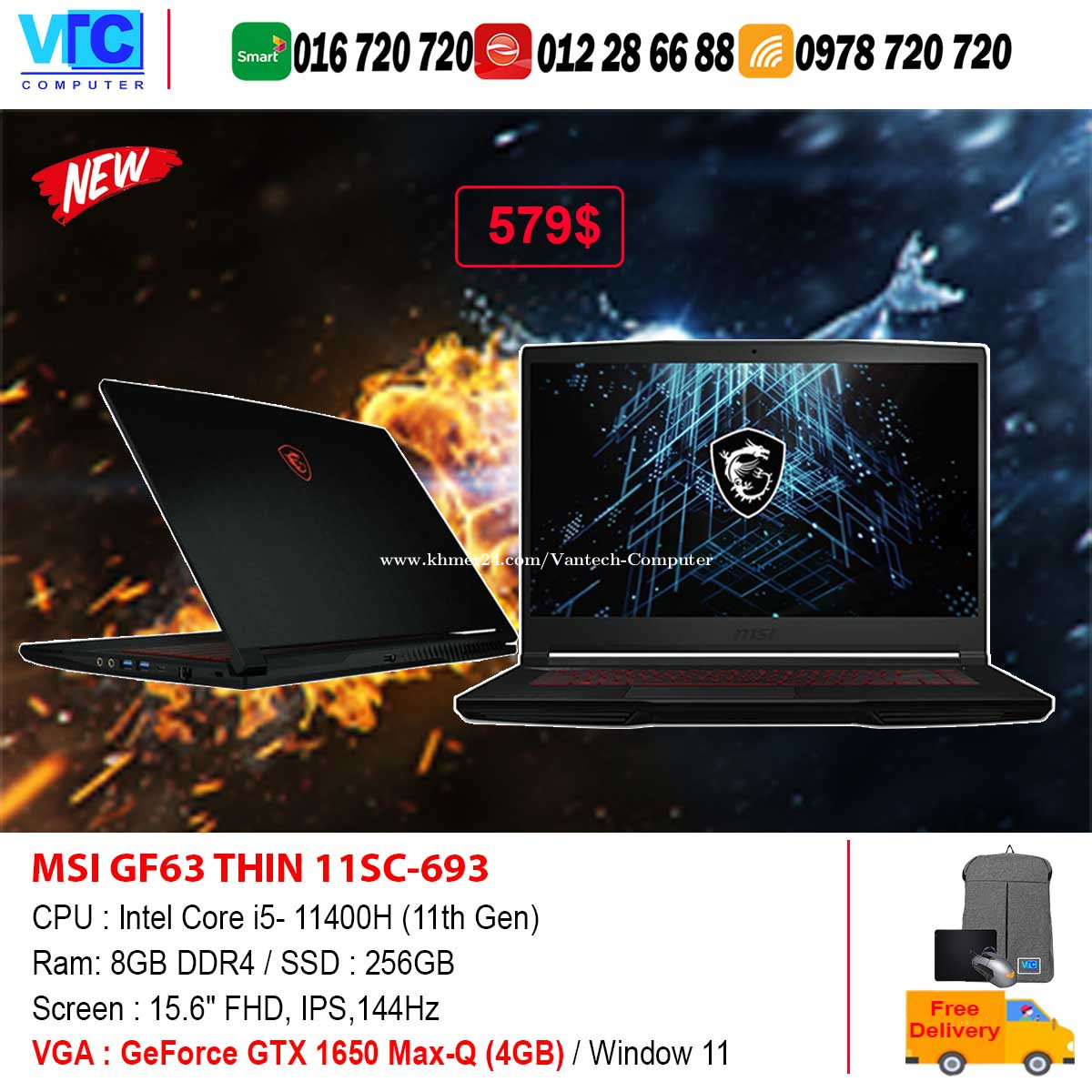 MSI GF63 Thin Gaming 15 Price $595.00 in Mittakpheap, Cambodia - Vantech  vantech