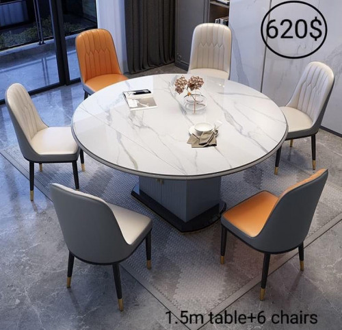 ✅ Marble(150cm) Fordable Dining set : តុ1 + កៅអី6  