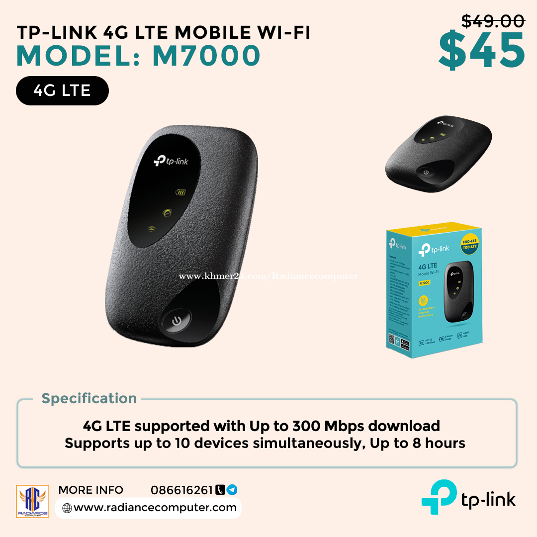 TP-Link M7000 4G LTE Mobile Wifi price $45.00 in Boeng Salang, Tuol Kouk,  Phnom Penh, Cambodia - Radiance Computer