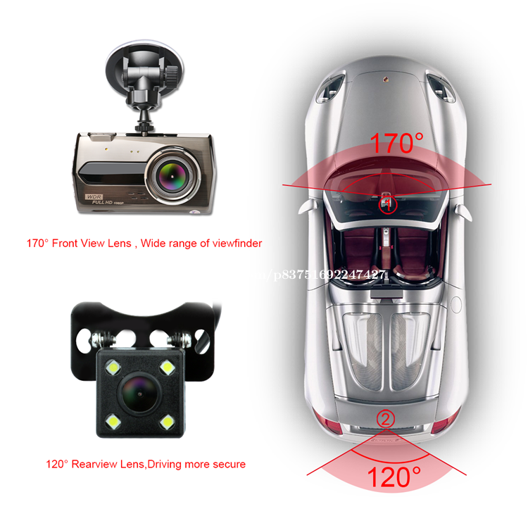 1080P 170°Wide Angle,4 Dual Lens HD Car DVR Rearview Video Dash Cam  Recorder Camera LCD Screen G-Sensor, WDR, Parking Monitor, Loop Recording,  Motion