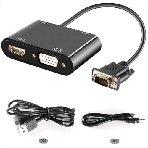 4 in 1VGA to HDMI VGA Splitter With 3.5mm Audio Dual Display Converter Adapter Micro USB Power Cable