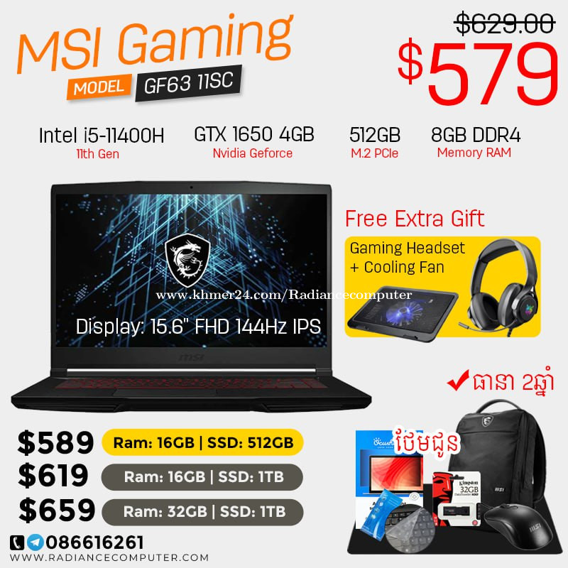 GF63 11SC | I5-11400H | GTX 1650 4GB price $579.00 in Boeng Salang