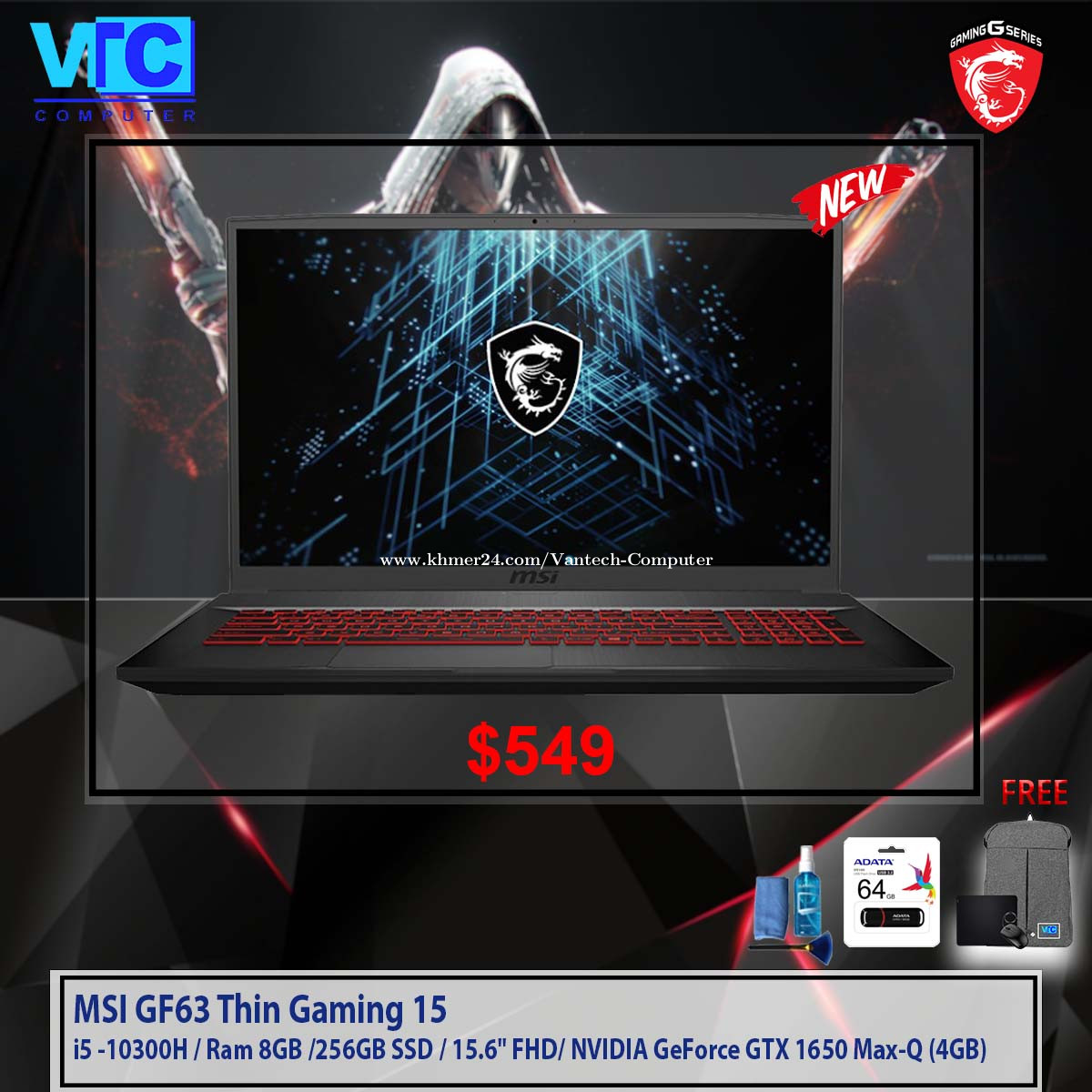 MSI GF63 Thin Gaming 15 Price $595.00 in Mittakpheap, Cambodia - Vantech  vantech