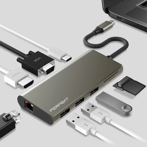 Perfekt USB-C Premium 9 Port Hub USB 3.0 x 3/ HDMI (4K)/ VGA/ RJ45 /SD/TF/ PD