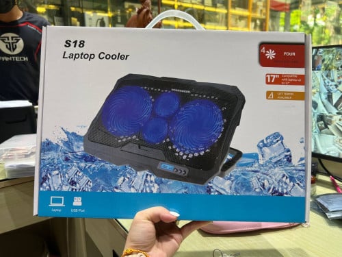 Laptop Cooler S18 ✅Fan Quantity 4PCS (14CM x2 , 7CMx2) ✅Fan Speed 6 Level with Display screen