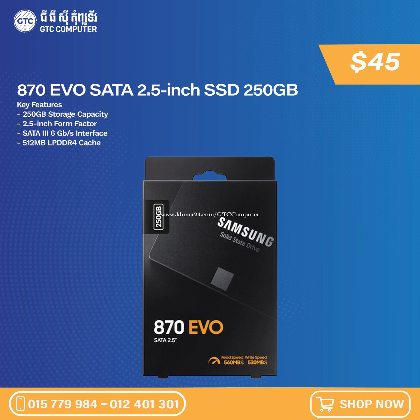 870 EVO SATA 2.5-inch SSD 250GB price $45.00 in Veal Vong, Prampir