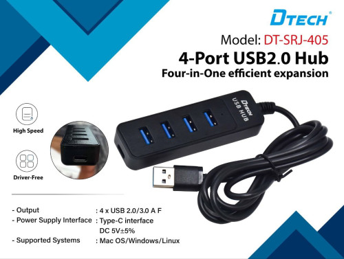 Dtech 4port USB2.0 Hub  \ud83d\udc49 Model: DT-SRJ-405