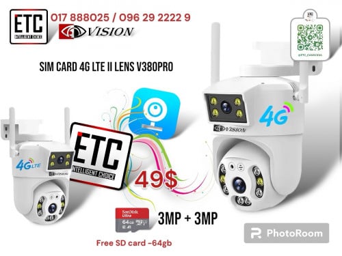 security camera In card 4g - 3MP + 3MP 02 lens- V380 pro- PTZ360 IP66 - free sd card 64gb