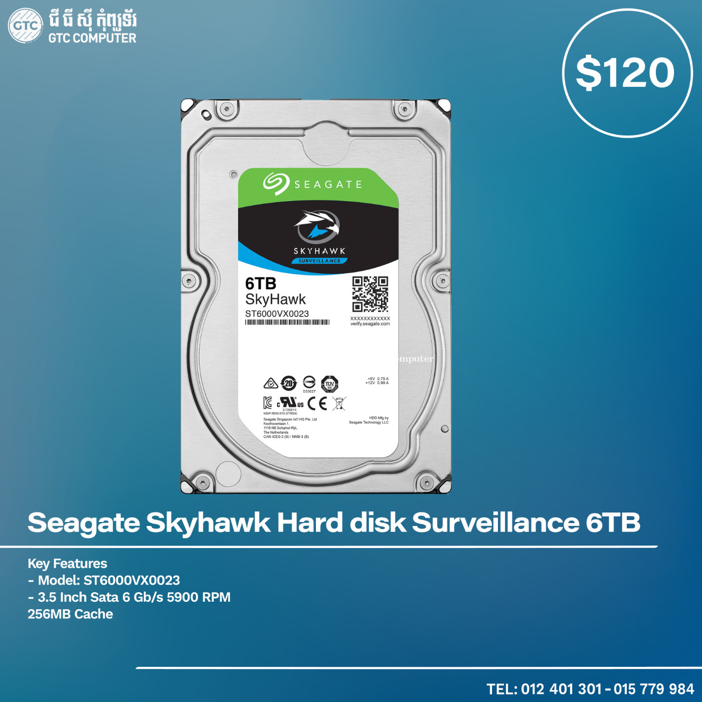 Seagate Skyhawk Hard disk Surveillance 6TB price $120.00 in Veal Vong,  Prampir Meakkakra, Phnom Penh, Cambodia - GTC Computer