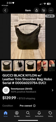 GUCCI BLACK NYLON w/ Leather Trim Shoulder Bag Hobo Serial 40$