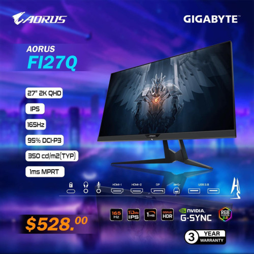 GIGABYTE Aorus Fi27Q Frameless Gaming LCD Monitor, Quad Hd 2560 X 1440 ...