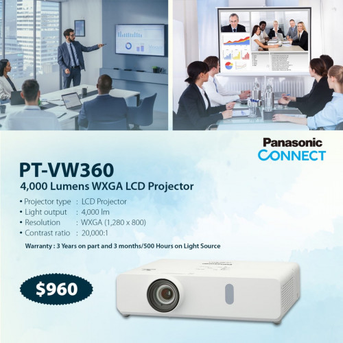 Panasonic PTVW360 4,000 Lumens WXGA LCD projector Price 960.00 in Tuek Thla, Cambodia RN