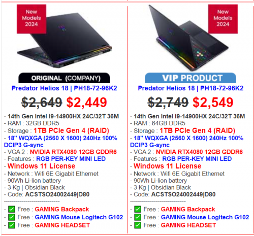 Predator Helios 18 $2,449 (i9-14900HX 32GB 1TB 18