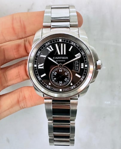 (មួយទឹក) Cartier Calibre 42mm តួអីណុក អ៊ូតូ មុខខ្មៅ ថ្ងៃទី បាតកញ្ចក់ ខ្សែអីណុក