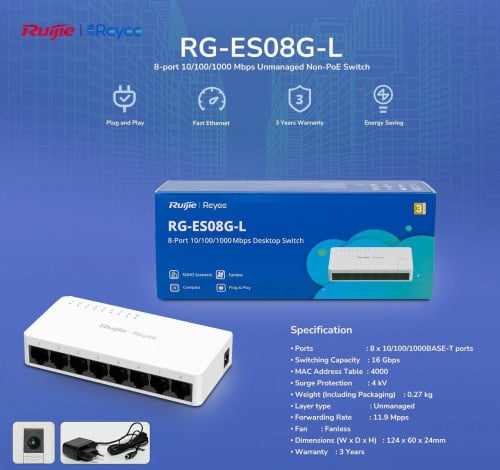 Ruijie 8-Port 10/100/1000 Mbps Unmanaged Non-PoE Switch