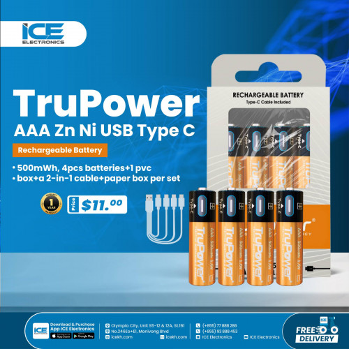 ថ្មសាក TruPower AAA Zn Ni USB Type C Rechargeable Battery