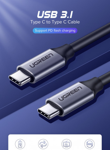 UGREEN USB 3.1 Type C Male Cable 1.5m (Gray)support 4K@60Hz 5Gbps DATA (50751)