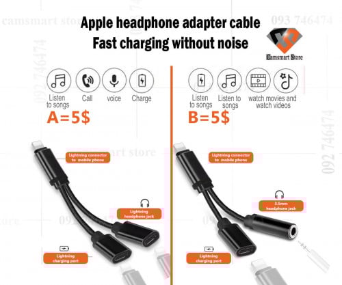 2 in 1 Lightning Headphone Adapter USB C Splitter Jack AUX Audio Charging Converter