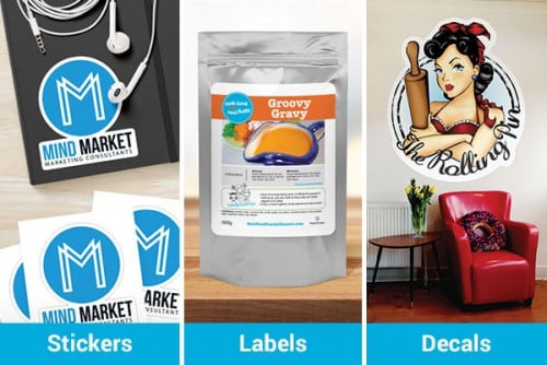 Sticker labels: Roll decals, Sheet decals, Care labels