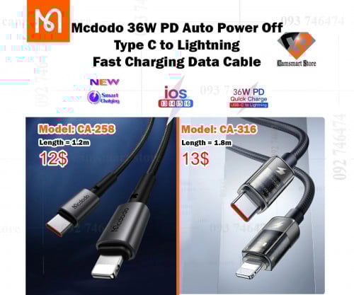 Mcdodo 36W PD Auto Power Off Type C to Lightning Fast Charging Data Cable For iphone