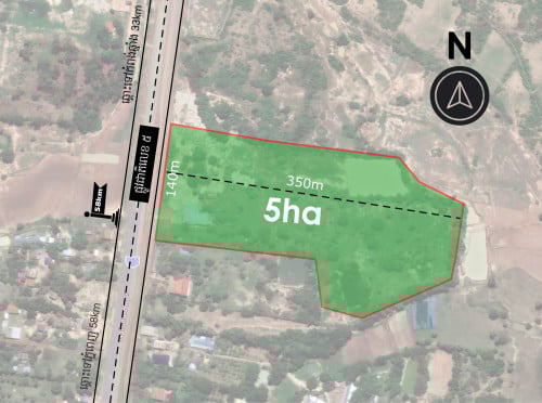 ដីលក់បន្ទាន់នៅលើផ្លូវជាតិលេខ5 គីឡូ58 ទំហំ5ហិចតា ក្បាល140ម៉ែត្រ