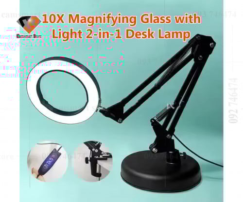 10X Magnifying Glass with Light 2-in-1 Desk Lamp and Clamp Adjustable Swing Arm LED Lighted