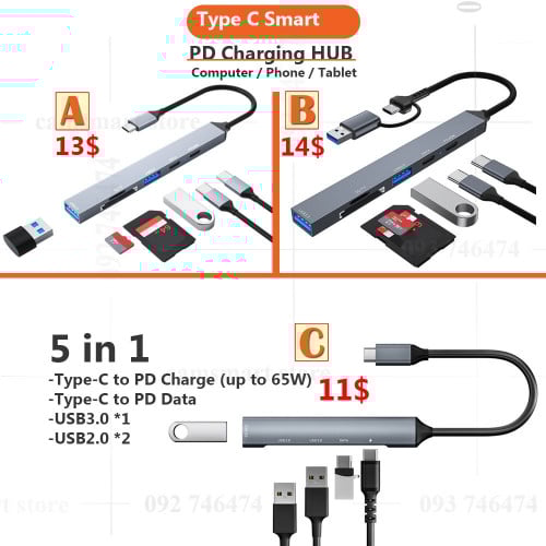 USB C USB3.0 Splitter Adapter HUB 5-port hub 5 in 1 Type-c Docking Station PD Fast Charge